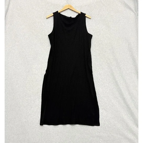 EILEEN FISHER Dress Size Large Kaftan Tunic Black Ribbed Knit High Side Slits - Picture 1 of 7